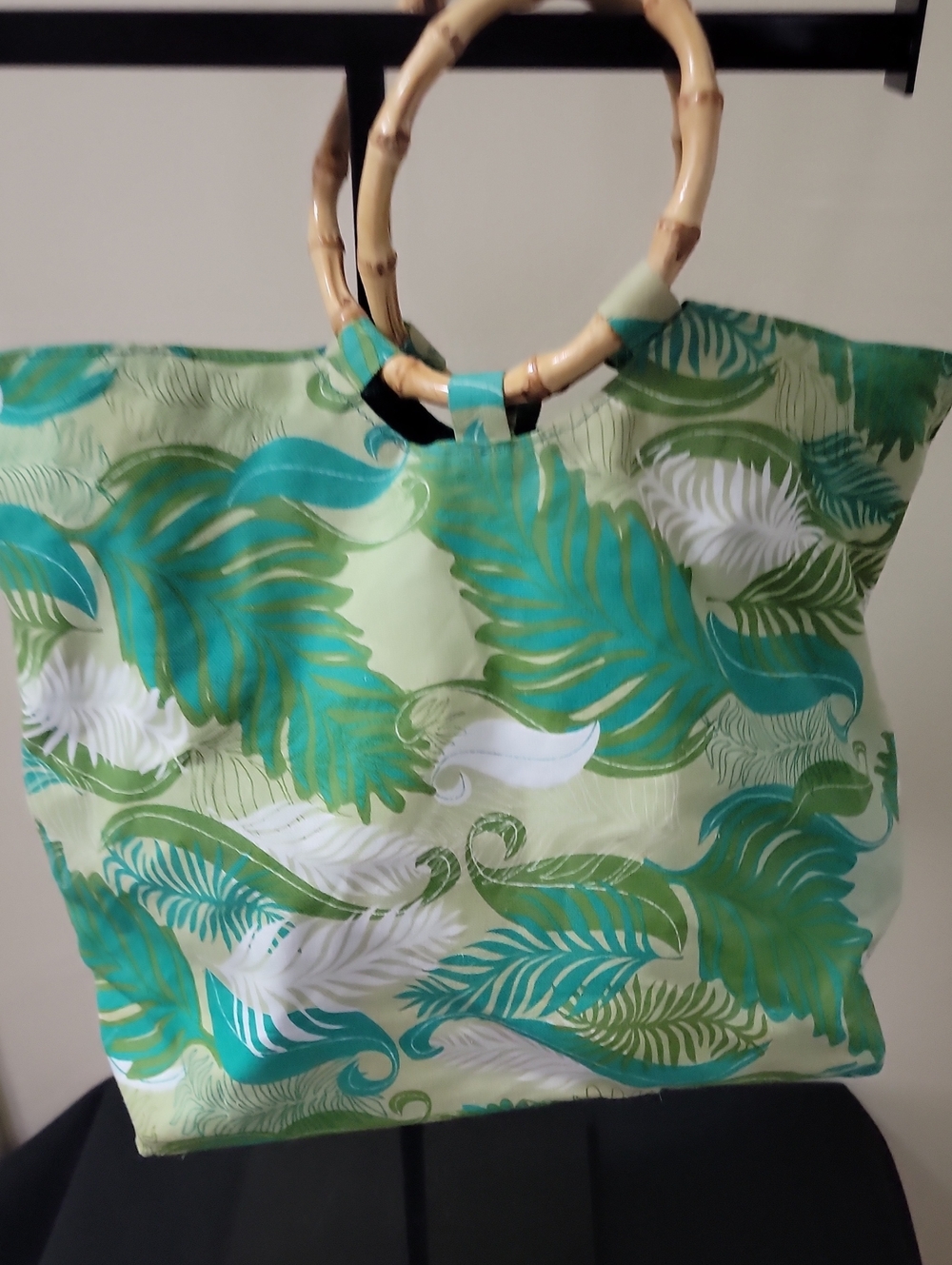Green Reversible Tropical Leaf Tote Bag with Bamboo Handles